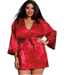 Nuisette grande taille rouge avec peignoir satinés 